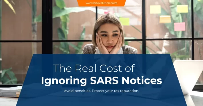 Business owner reviewing a SARS tax notice on a laptop, highlighting the risk of administrative penalties and non-compliance.