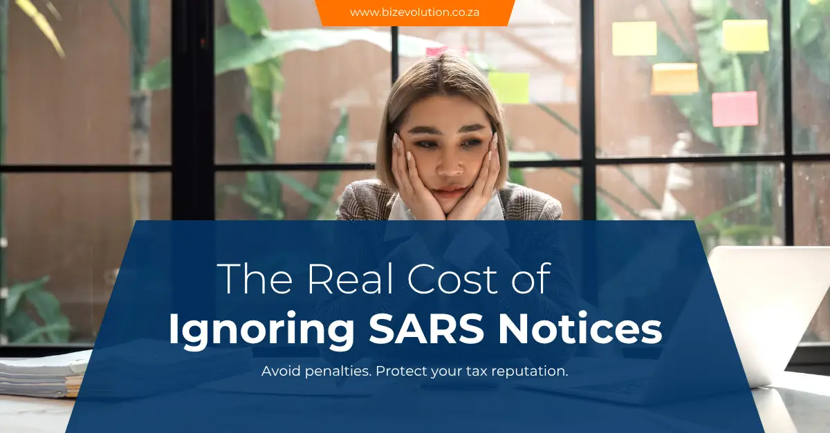 Business owner reviewing a SARS tax notice on a laptop, highlighting the risk of administrative penalties and non-compliance.
