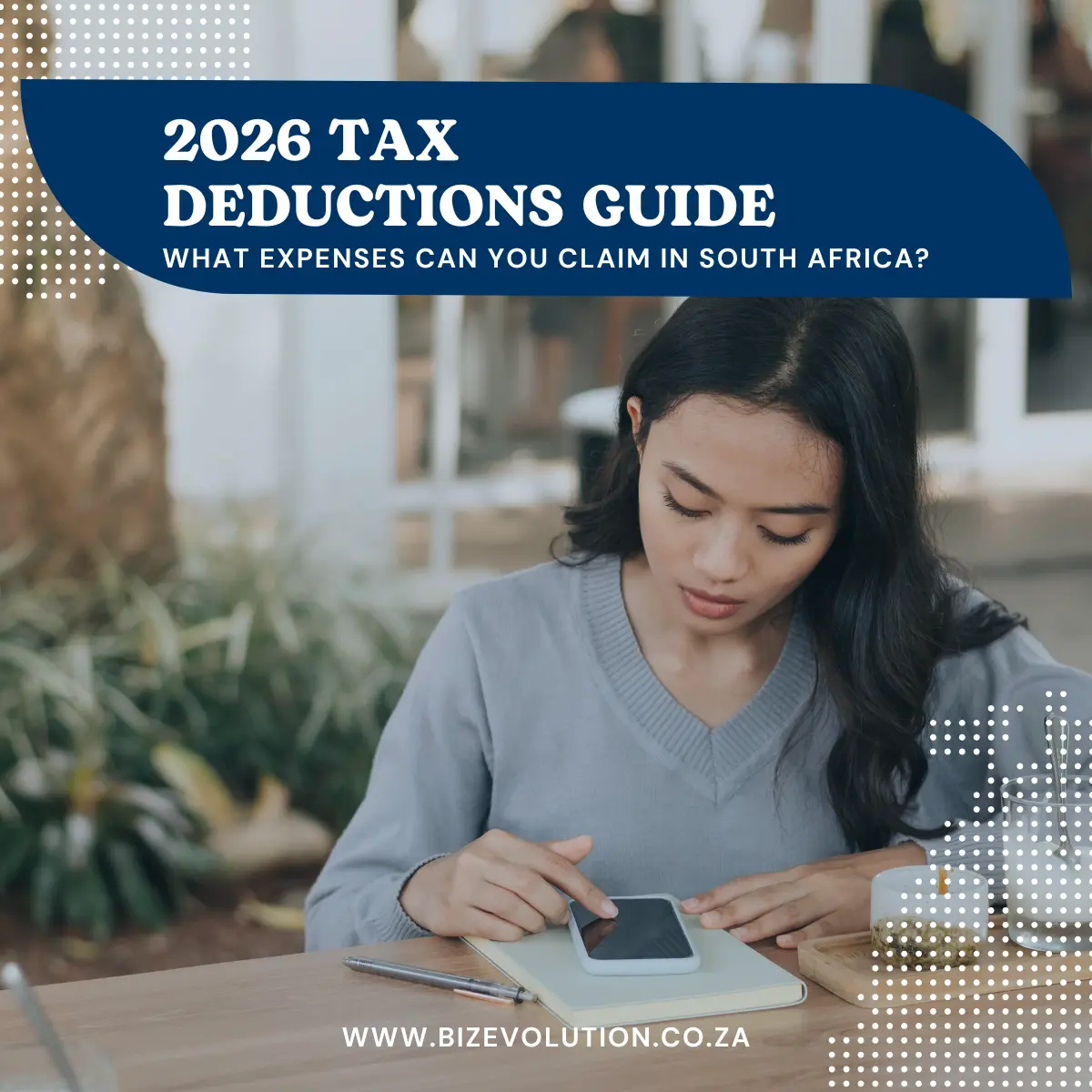 Business owner calculating tax deductible expenses in South Africa for the 2026 SARS tax season