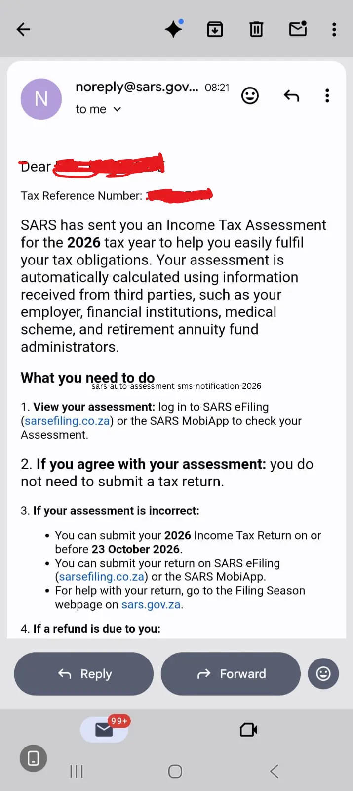 Screenshot of a SARS Auto Assessment SMS notification informing taxpayers about the start of the 2026 auto assessment process.