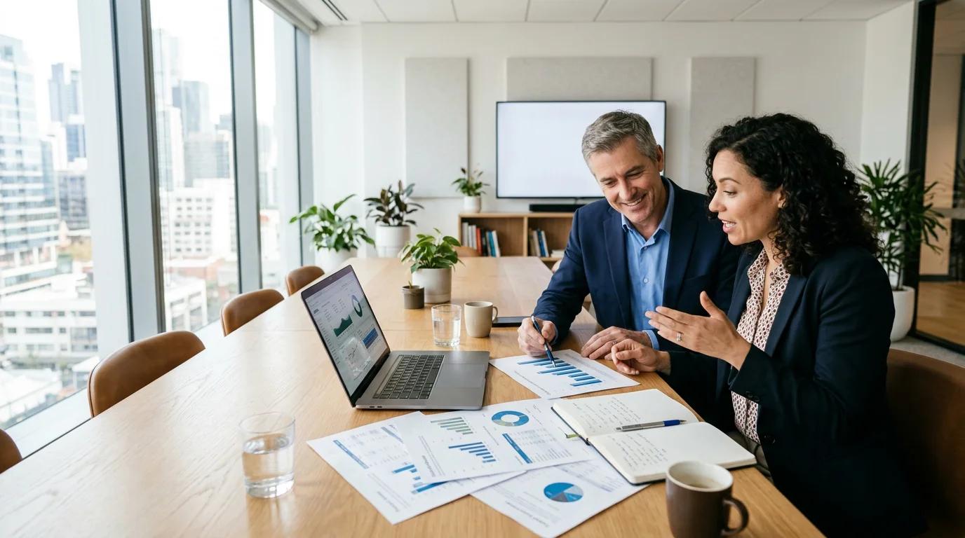 Business owner discussing cash-flow reports and growth plans with a financial adviser.