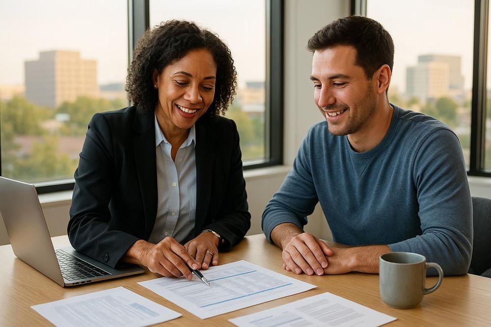 Small business owner discussing accounting services and financial records with an accounting professional.