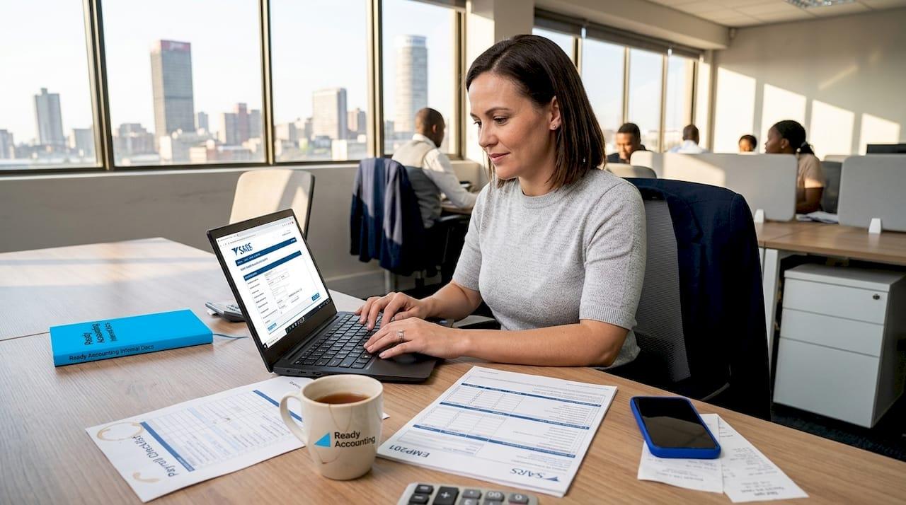 Payroll professional reviewing employee payroll records and payslips